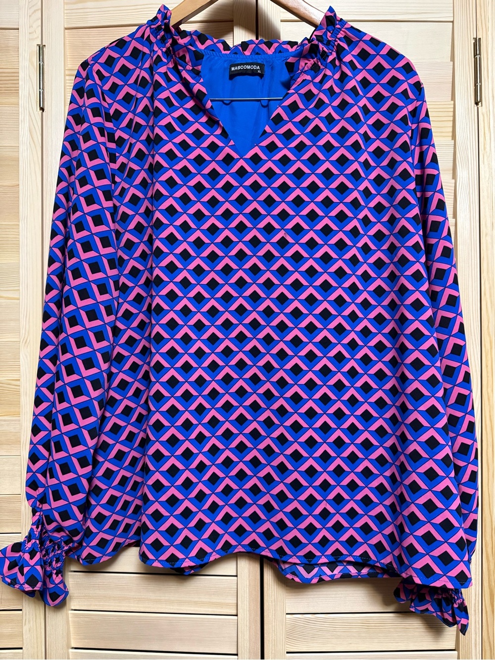 Blue and Pink Geometric V-Neck Long-Sleeve Blouse